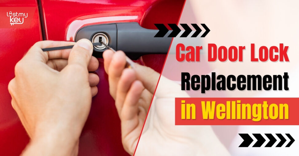 Hands using locksmith tools to replace a car door lock on a red vehicle, representing professional car door lock replacement service in Wellington.